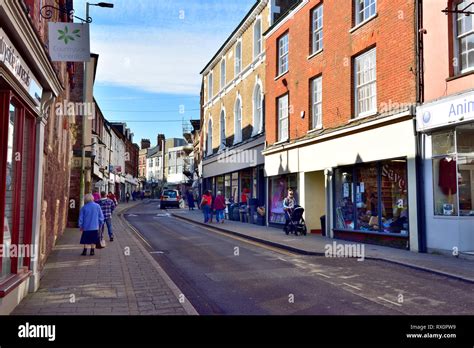 High Street Shops in Tiverton, England.
